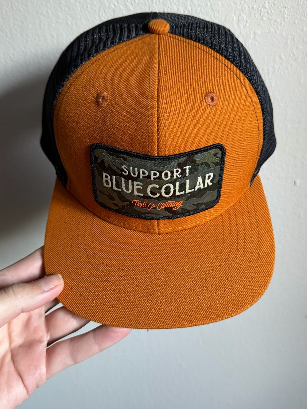 Troll Co Orange and Black 'Support Blue Collar' Patch Truckers Hat